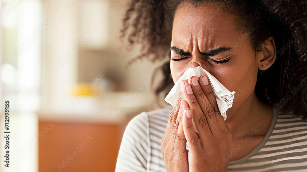 Portrait of a sick woman who has the flu blows her nose into a tissue , winter cold and cough concept image - obrazy, fototapety, plakaty 