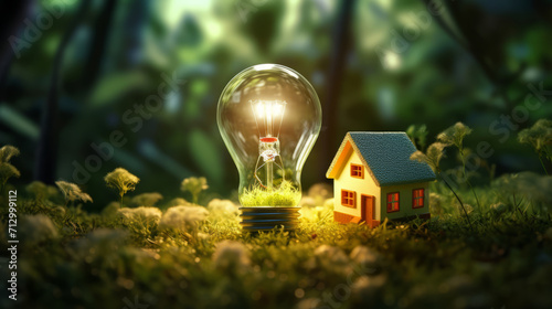 Small house model and light bulb on the ground for real estate idea concept , eco design , green electricity energy background