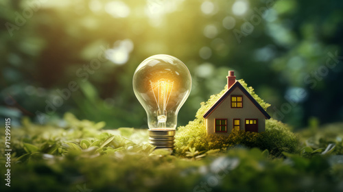 Small house model and light bulb on the ground for real estate idea concept , eco design , green electricity energy background photo
