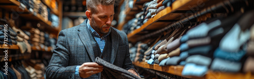 Mature man choosing pants in men's cloths store