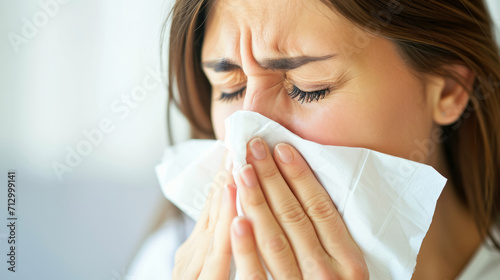 Portrait of a sick woman who has the flu blows her nose into a tissue , winter cold and cough concept image photo