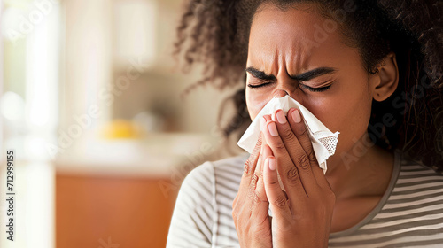 Portrait of a sick woman who has the flu blows her nose into a tissue , winter cold and cough concept image photo