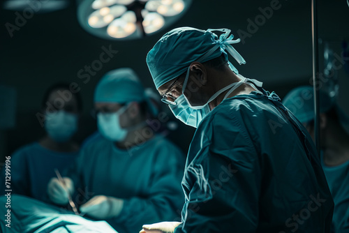 Back view of a surgeon doing a surgical operation at hospital , surgery in operating room concept image photo