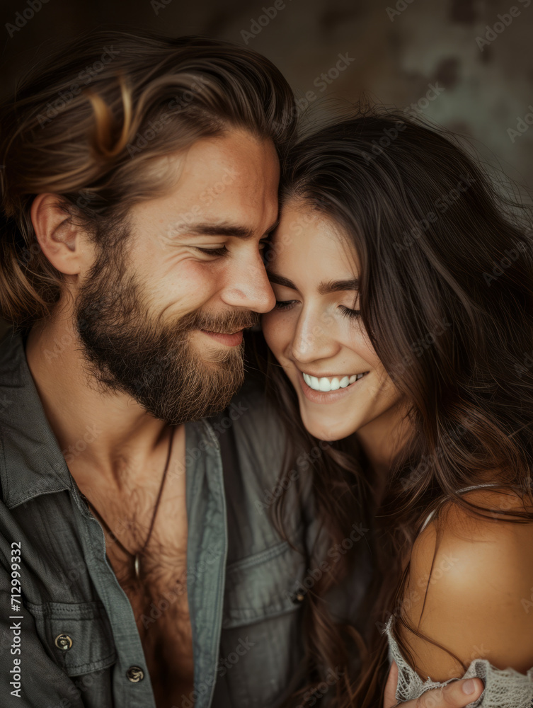 In love caucasian hipster couple with long hair bearded man and beautiful woman with fashion aesthetic vibe , glamour, happy, smiling