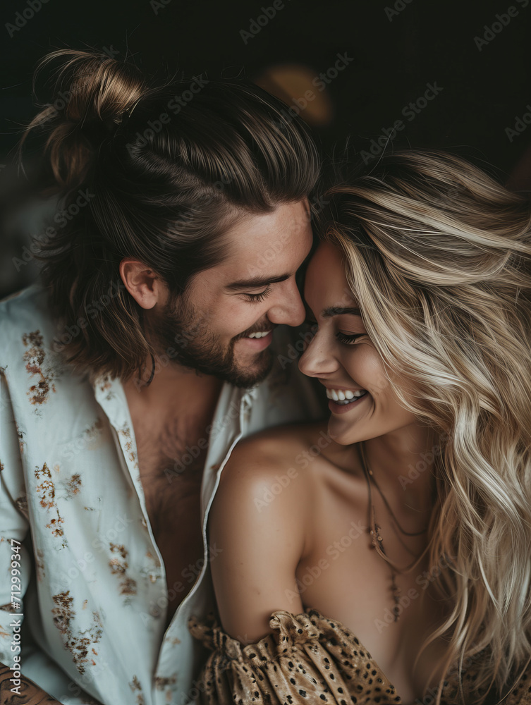 In love caucasian hipster couple with long hair bearded man and beautiful woman with fashion aesthetic vibe , glamour, happy, smiling