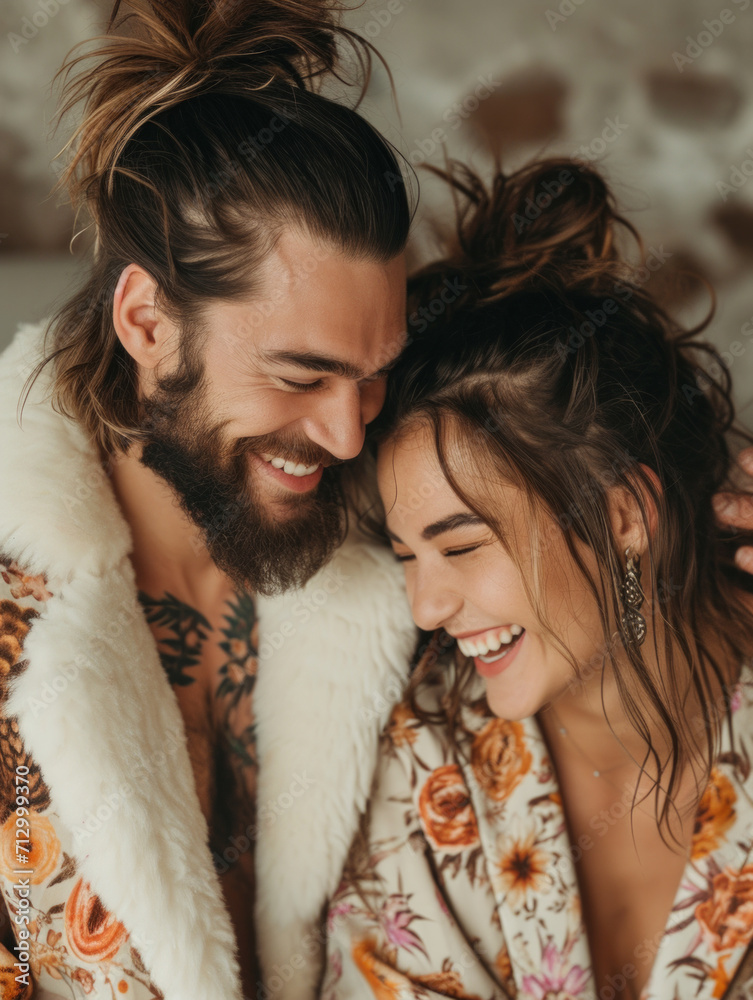 In love caucasian hipster couple with long hair bearded man and beautiful woman with fashion aesthetic vibe , glamour, happy, smiling In love caucasian hipster couple with long hair bearded man and beautiful woman with fashion aesthetic vibe , glamour, happy, smiling