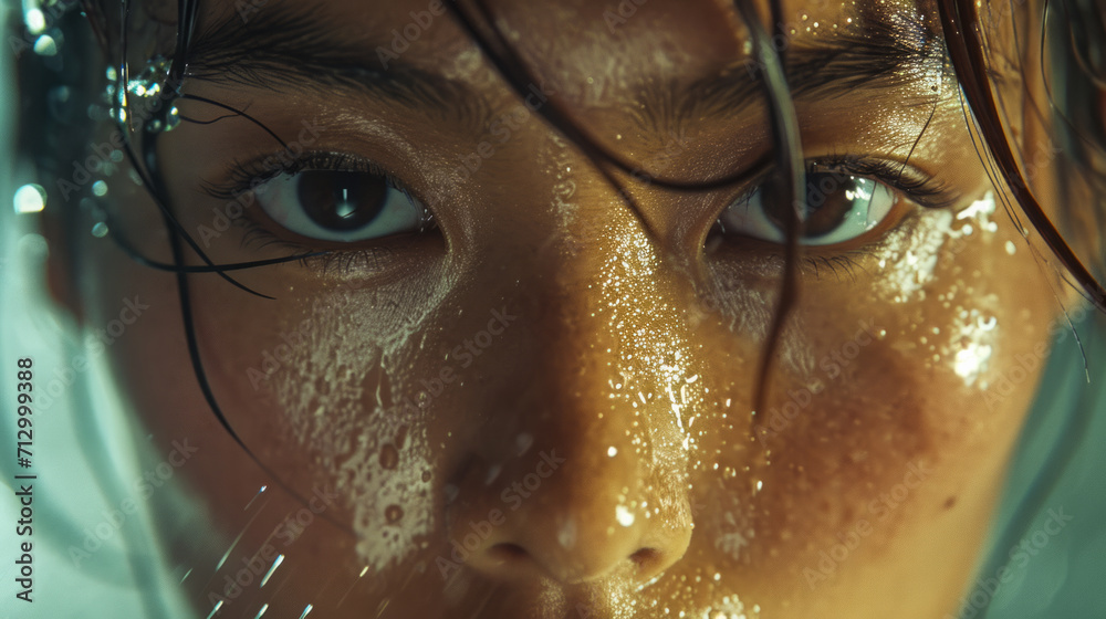 Close-up of eyes and face and a strong fearless asian athlete woman under pouring rain
