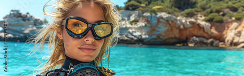 Beautiful young woman in scuba mask on the background of the sea photo