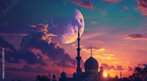 islamic moon in sunset with beautiful clouds with a mosque under it