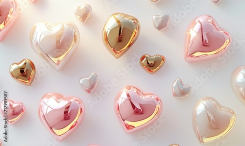 various pink and gold hearts float on a white background
