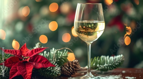 white wine glass on an ornamental table with Christmas themed flowers