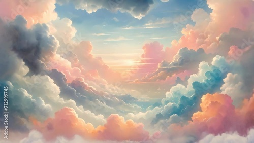 A video of a background featuring abstract clouds in the sky with either a sun or sunset landscape, created using a watercolor technique to achieve a soft, light background.	
