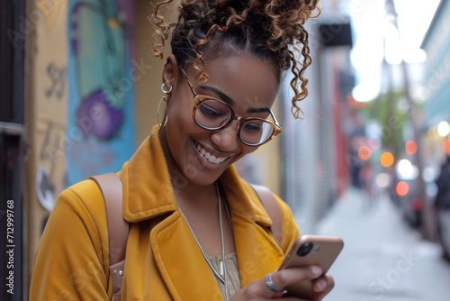 woman smiling smiling while texting on her cell phone on the sidewalk