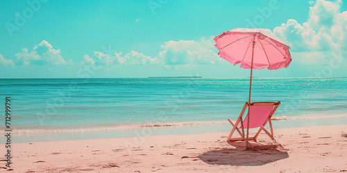 Little pink parasol and chair on the beach summer