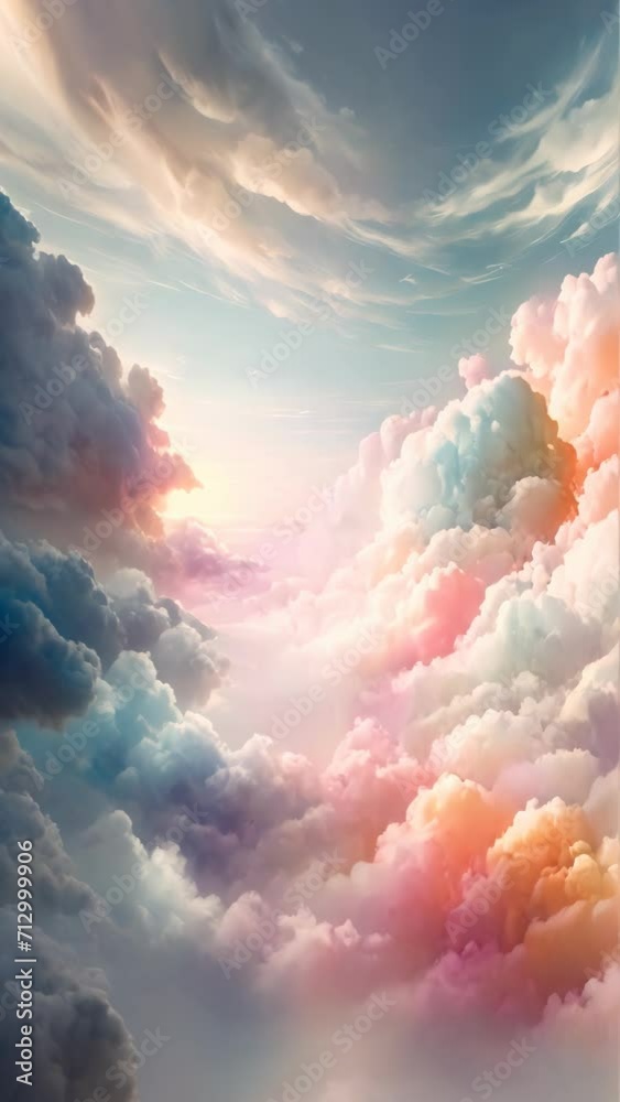 A vertical video background featuring abstract clouds in the sky with either a sun or sunset landscape, created using a watercolor technique to achieve a soft, light background. vertical video