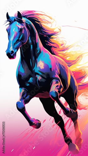 Obraz na płótnie Black neon horse running against a white background AI Generated pictures w salonie
