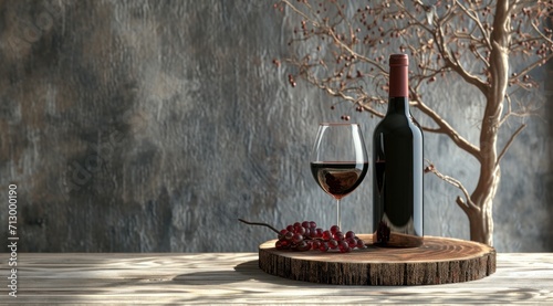 wine bottle and glass on an old and scratched wooden plate