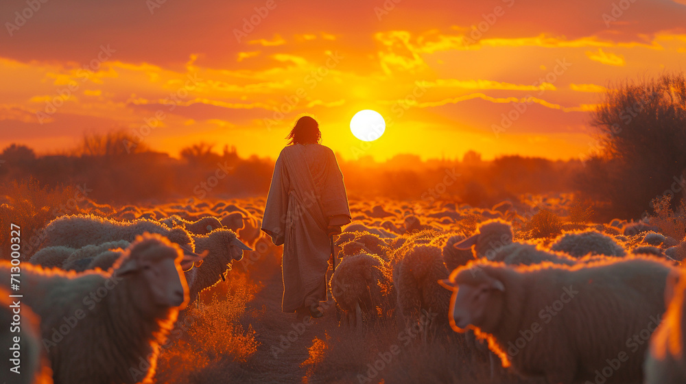 Guiding Light: Jesus Christ as the Good Shepherd Leading His Lambs - Christian Symbolism - obrazy, fototapety, plakaty 