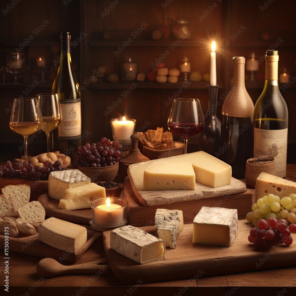 A wooden table topped with lots of cheese and wine A wooden table topped with lots of cheese and wine