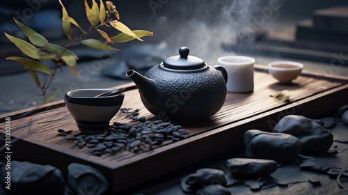 Hot tea set with minimalist kettle natural stone table top Describe the relaxing atmosphere of drinking tea.