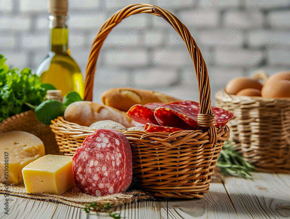 basket with bread, salami and vegetables on kitchen table basket with bread, salami and vegetables on kitchen table