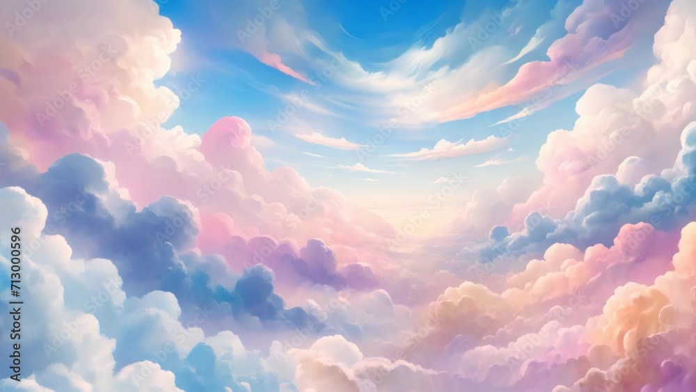 A video of a background featuring abstract clouds in the sky with either a sun or sunset landscape, created using a watercolor technique to achieve a soft, light background.	
