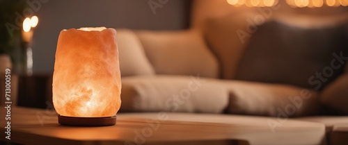 Warm Glow of Himalayan Salt Lamp in a Cozy Modern Living Room copy space banner candle burning aroma