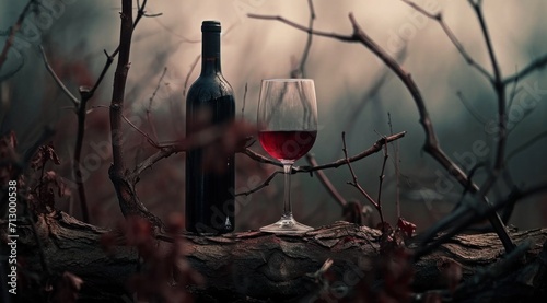 wine bottle and glass on an old and scratched wooden plate