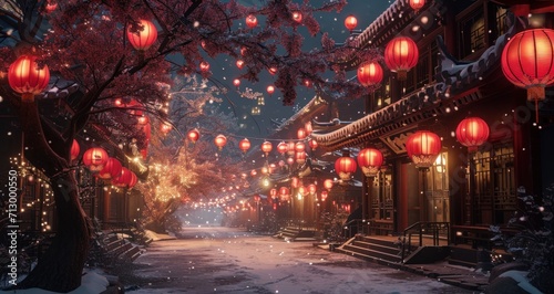 oriental street in winter with red lanterns on the street