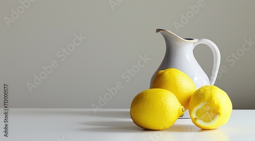 two lemons and a pitcher on a white table