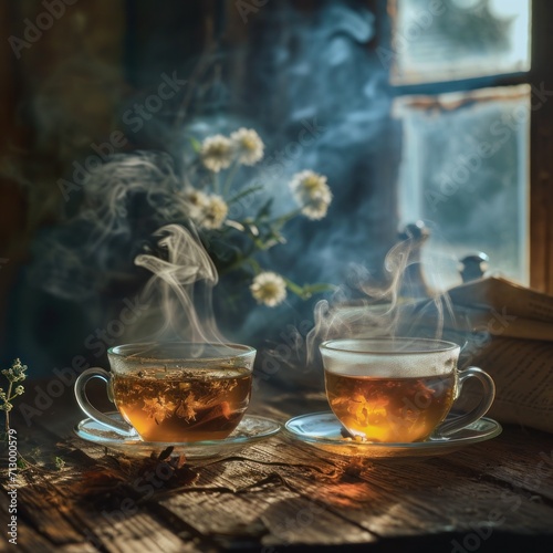 smoke tea and cold tea bowl together tea
