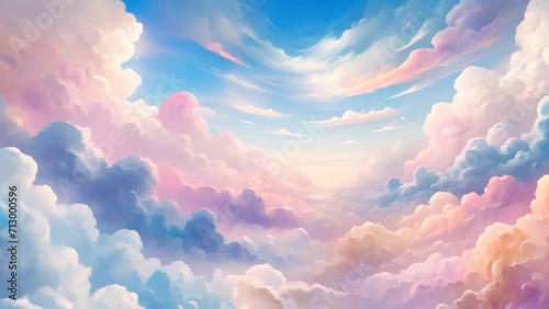 A video of a background featuring abstract clouds in the sky with either a sun or sunset landscape, created using a watercolor technique to achieve a soft, light background.	
