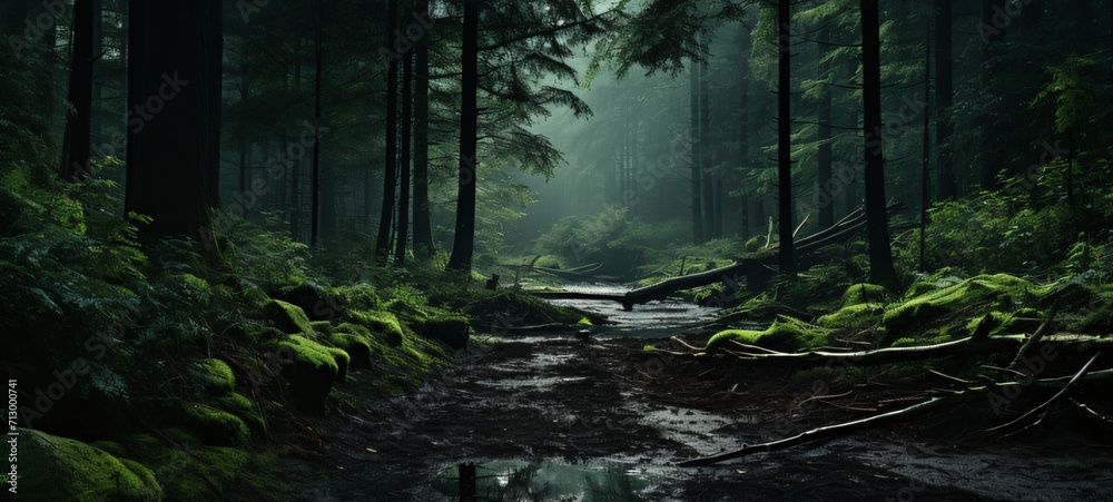 Enchanted Forest: Evening Tranquility with Natural Dark Light, Mist, and Moody Ambiance