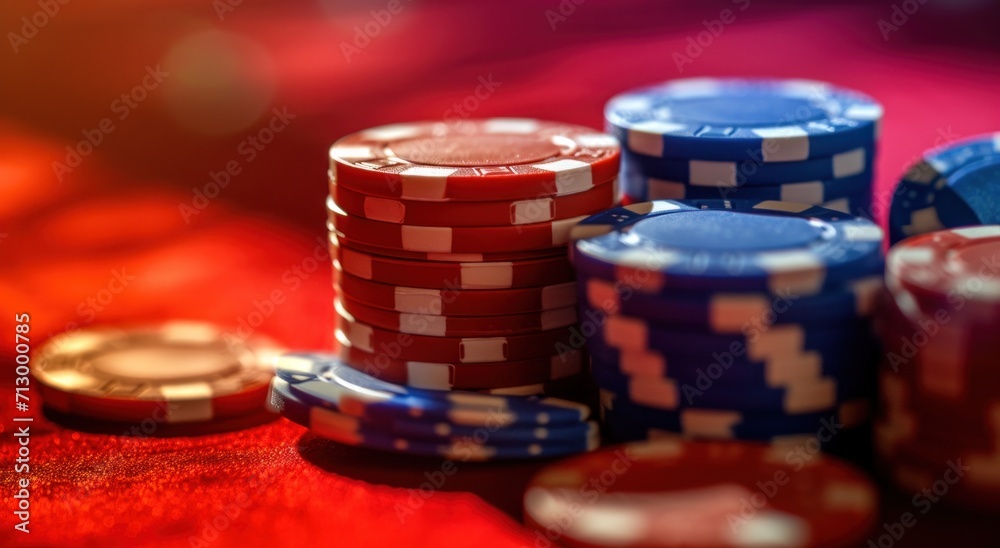 stacked up poker chips on surface of red background stacked up poker chips on surface of red background