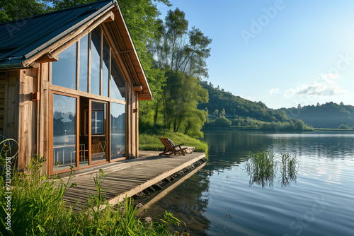 A wooden eco-house located on the shore of a calm lake. © alisluch
