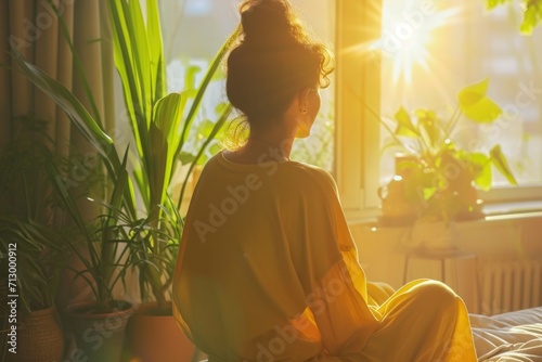 relaxing woman in yellow sitting near a plant in a room on tv