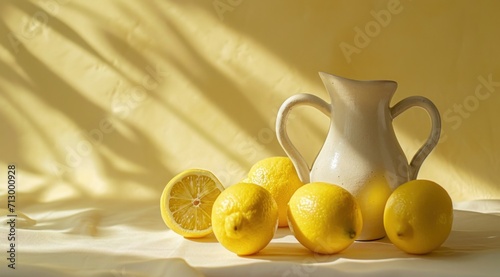 lemons and pitcher against a yellow background