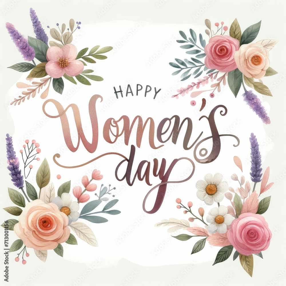 Happy Women's Day lettering and floral on white background.	
