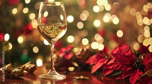 white wine glass on an ornamental table with Christmas themed flowers