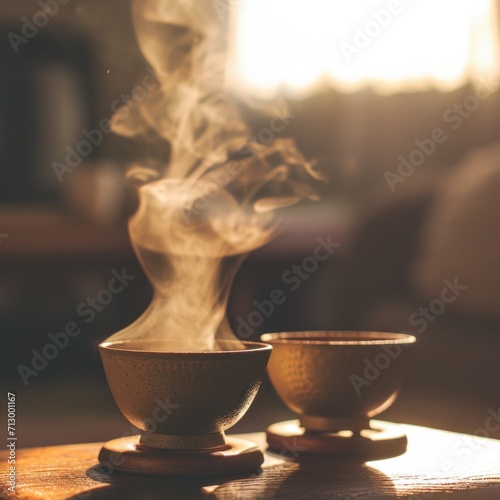 smoke tea and cold tea bowl together tea