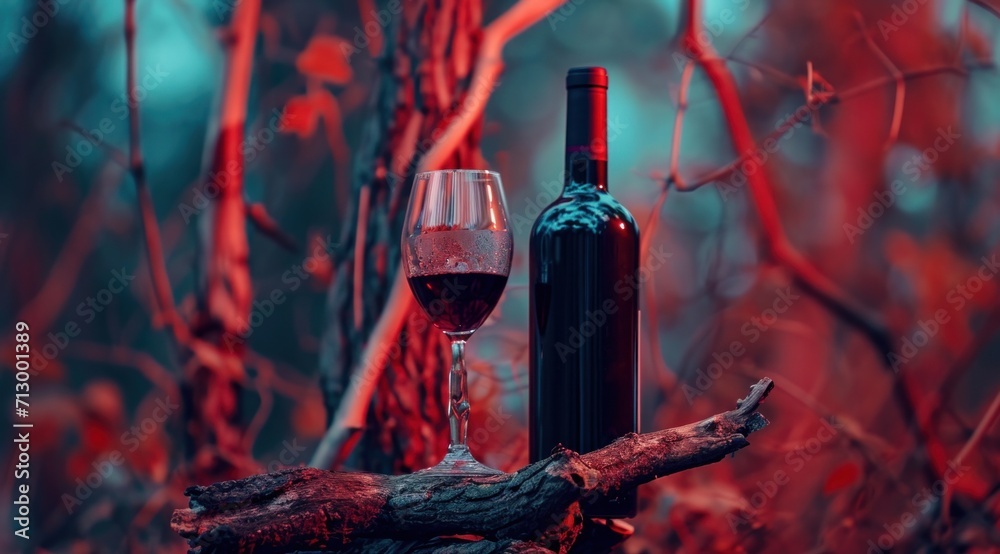Fototapeta premium wine bottle and glass on an old and scratched wooden plate