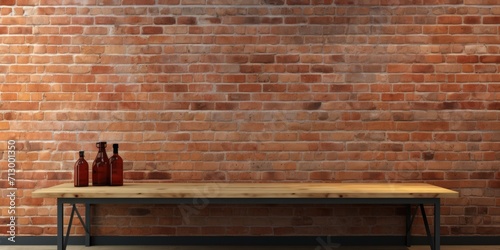 Ideal for showcasing products, with unfurnished table and backdrop of brick wall.