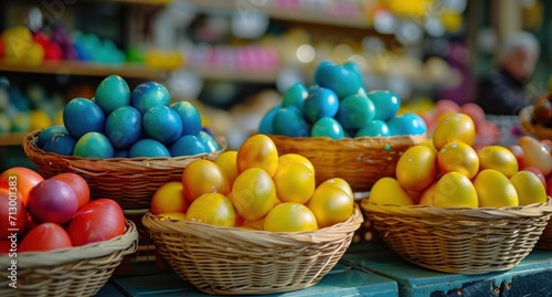 color coordinated easter eggs in baskets at market