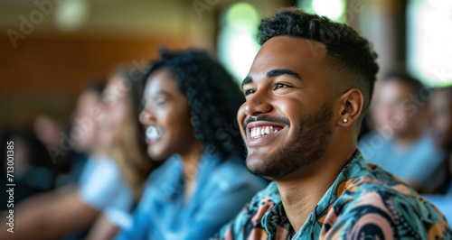 man sits while smiling with people in the front row