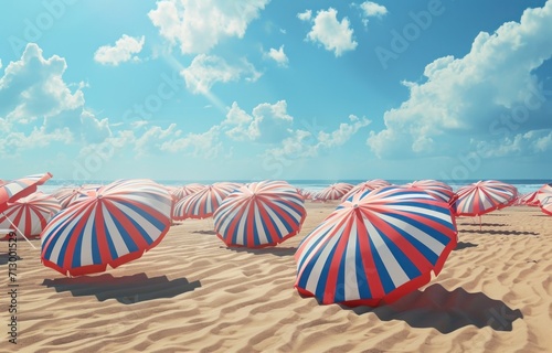red white and blue striped umbrellas on a sandy beach