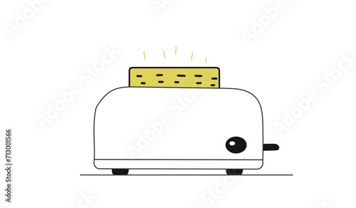 Line hand drawn illustration of toaster with slice of bread inside. Outline simple drawing with minor colorful elements. Vector illustration