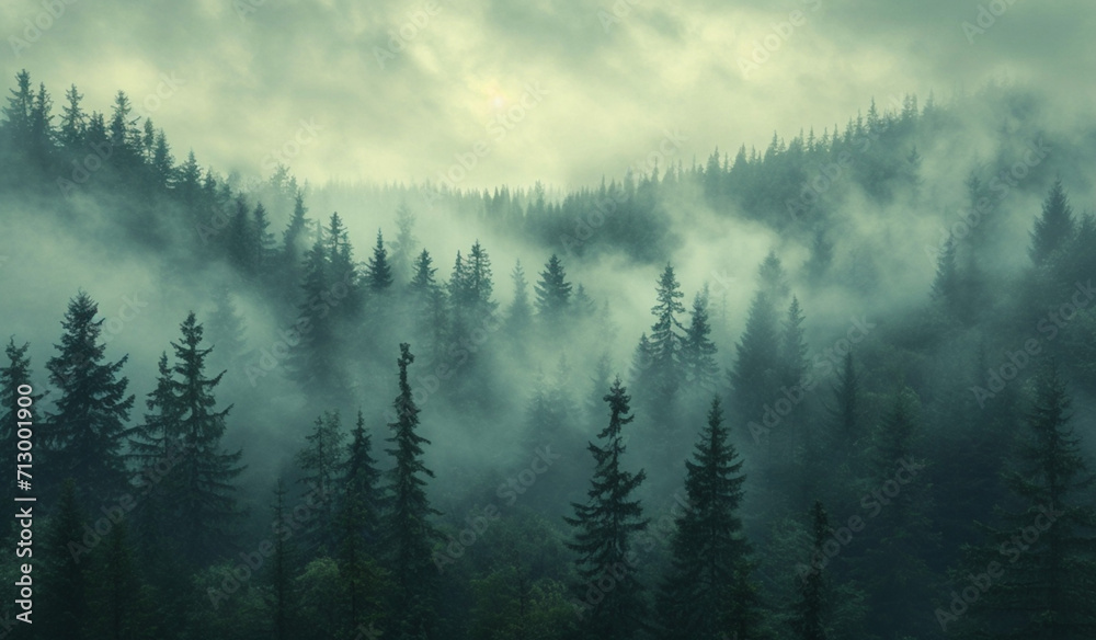 A forest with trees and fog in the background. Generative AI	