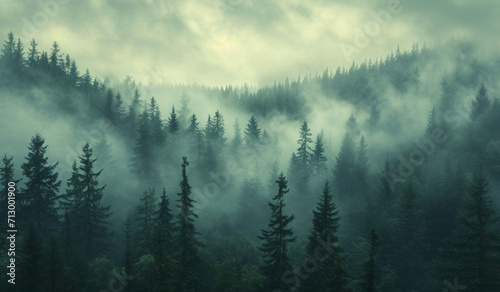 A forest with trees and fog in the background. Generative AI  © Paradoxx