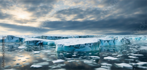 Ice sheets melting in the arctic ocean or waters. Global warming, climate change, greenhouse gas, ecology concept.