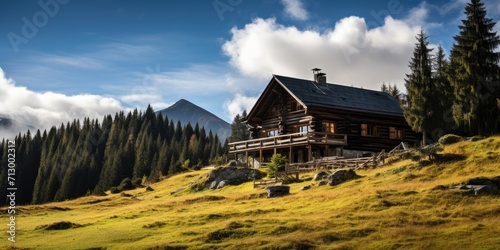 Wooden hunting lodge in mountain